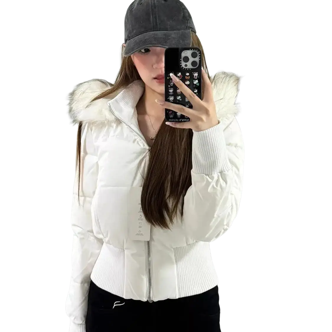 White cropped puffer jacket with fluffy fur-lined hood and ribbed cuffs winter coat for women
