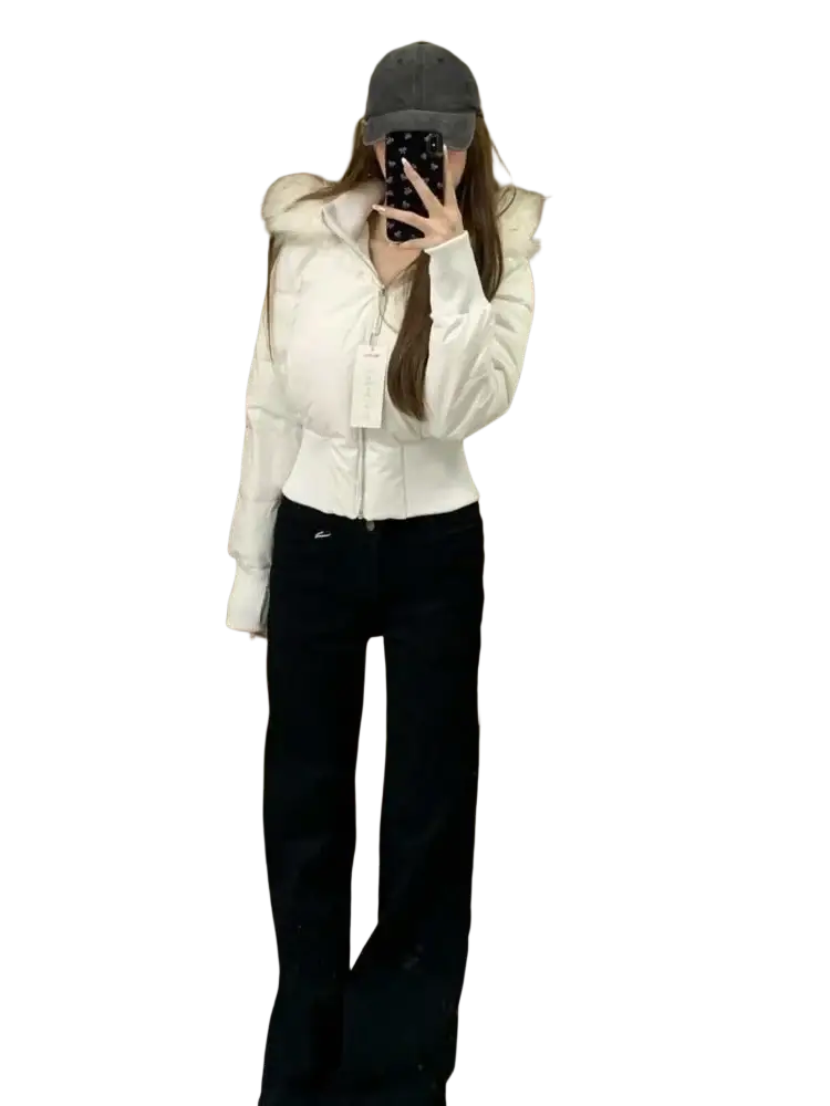 White cropped puffer jacket for women with fluffy fur-lined hood perfect for winter coat warmth and style