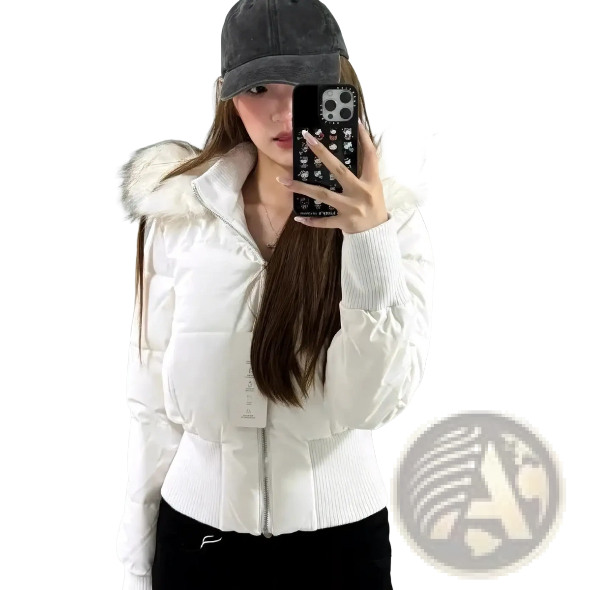 White cropped puffer jacket for women with a fluffy fur-lined hood and ribbed cuffs for winter use