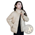 Beige cropped quilted down jacket with high collar and black zipper accents for women winter puffer outerwear