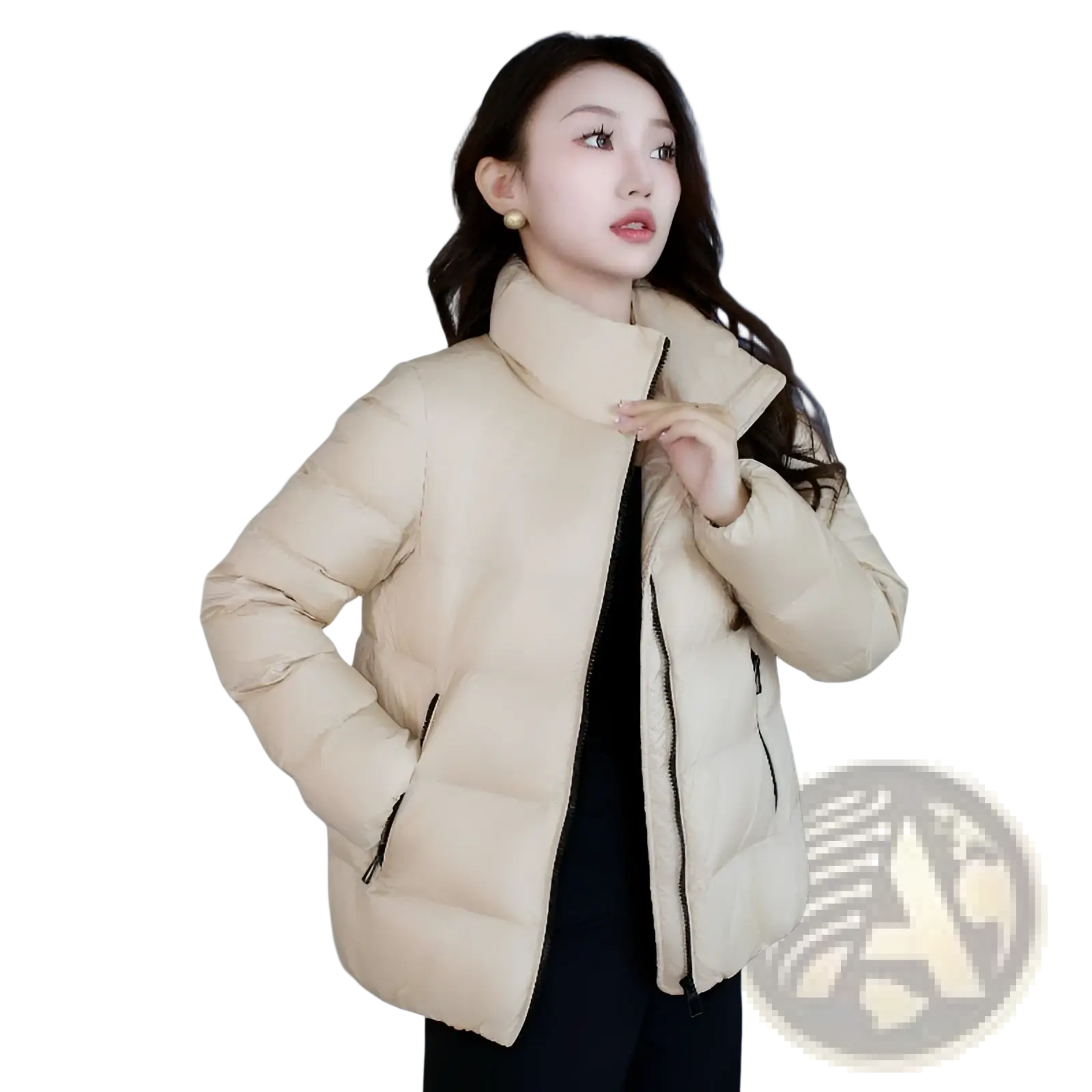 Beige cropped quilted down jacket with high collar and black zipper accents for women winter puffer outerwear