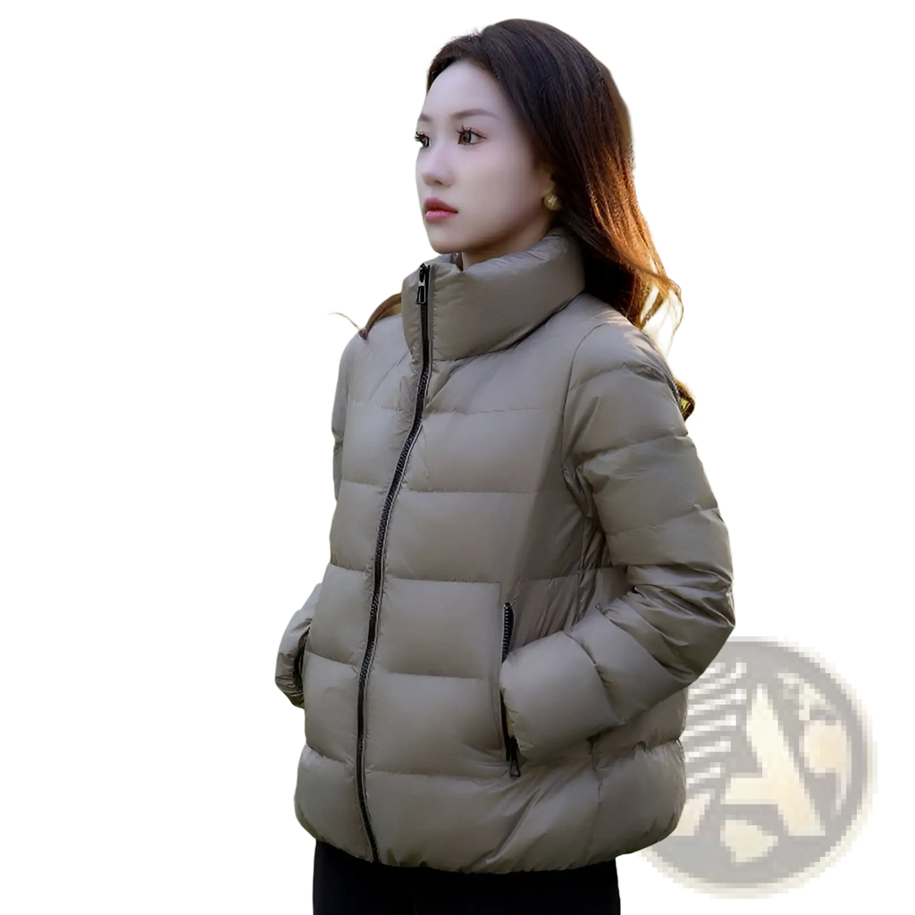 Beige cropped quilted down jacket for women with high collar and black zipper accents winter puffer style