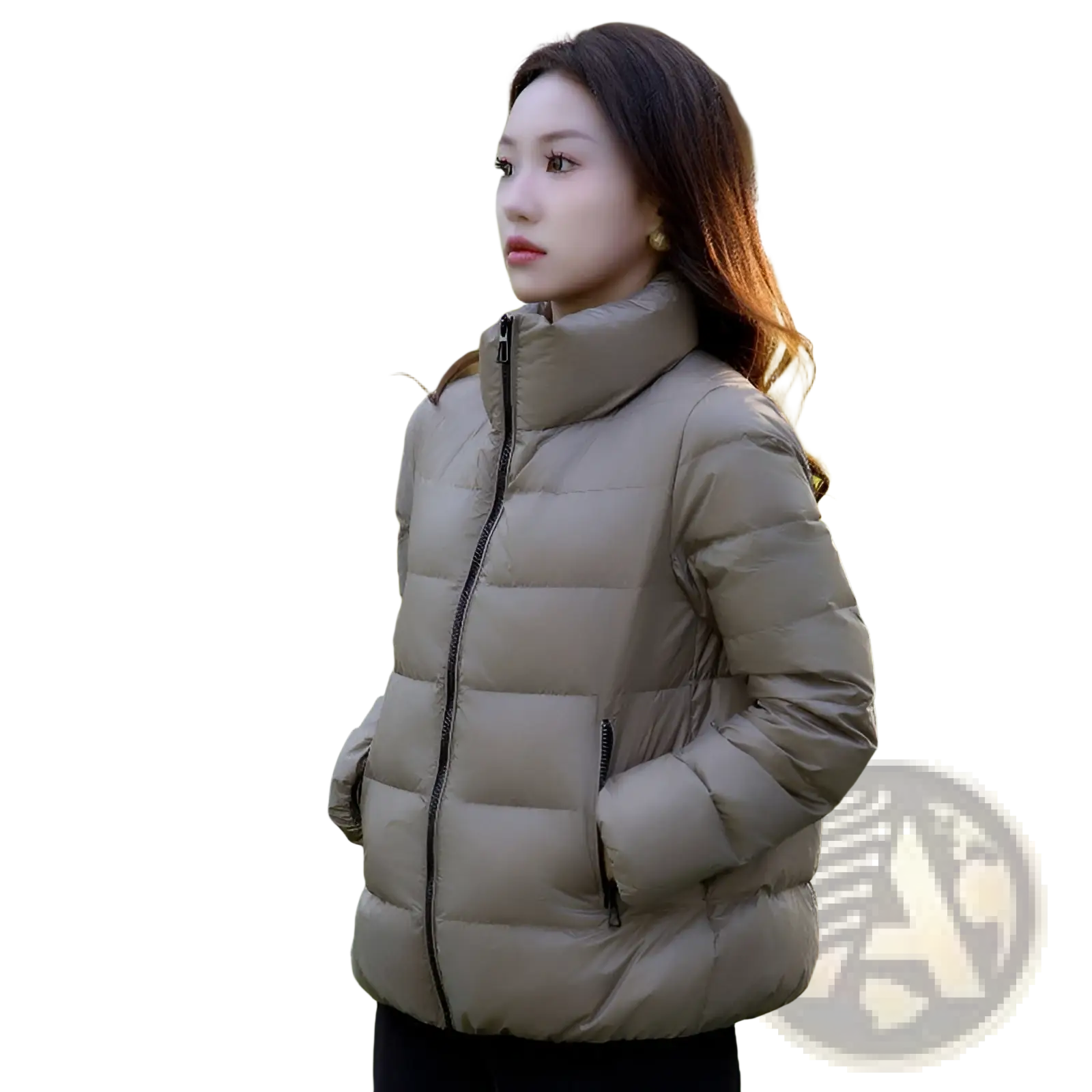 Beige cropped quilted down jacket for women with high collar and black zipper accents winter puffer style