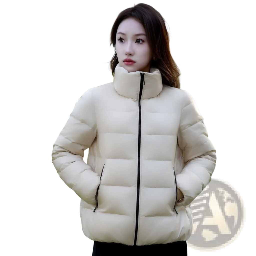 Cream-colored cropped quilted down jacket for women with high collar and black zipper accents winter puffer