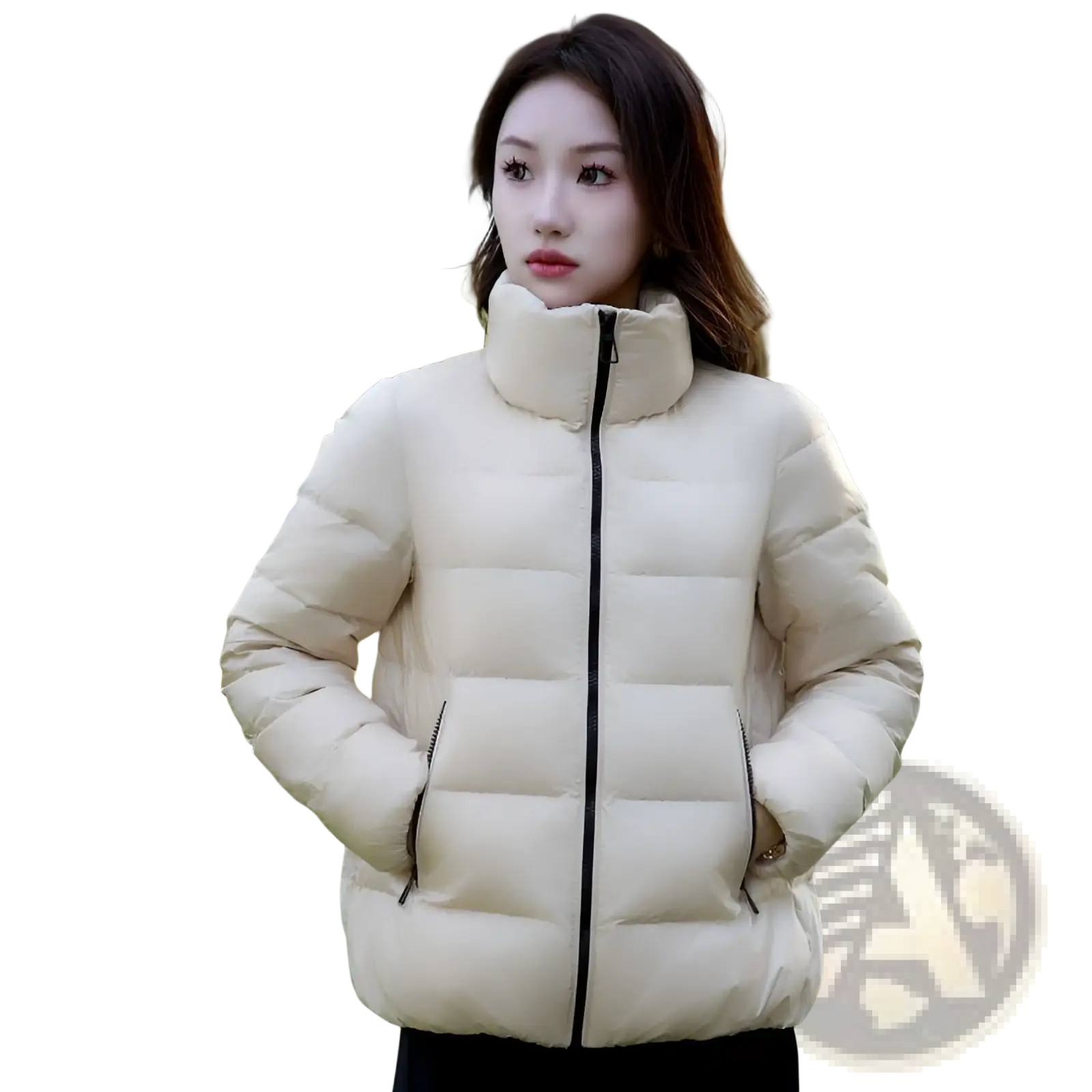 Cream-colored cropped quilted down jacket for women with high collar and black zipper accents winter puffer