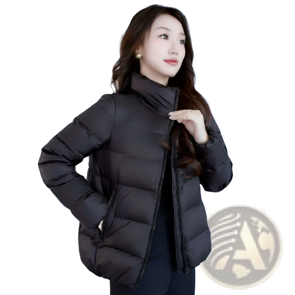 Black cropped quilted down jacket for women with high collar and front zipper ideal for winter use