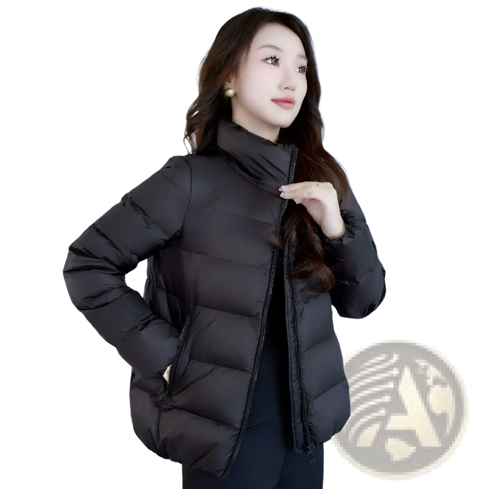 Black cropped quilted down jacket for women with high collar and front zipper ideal for winter use