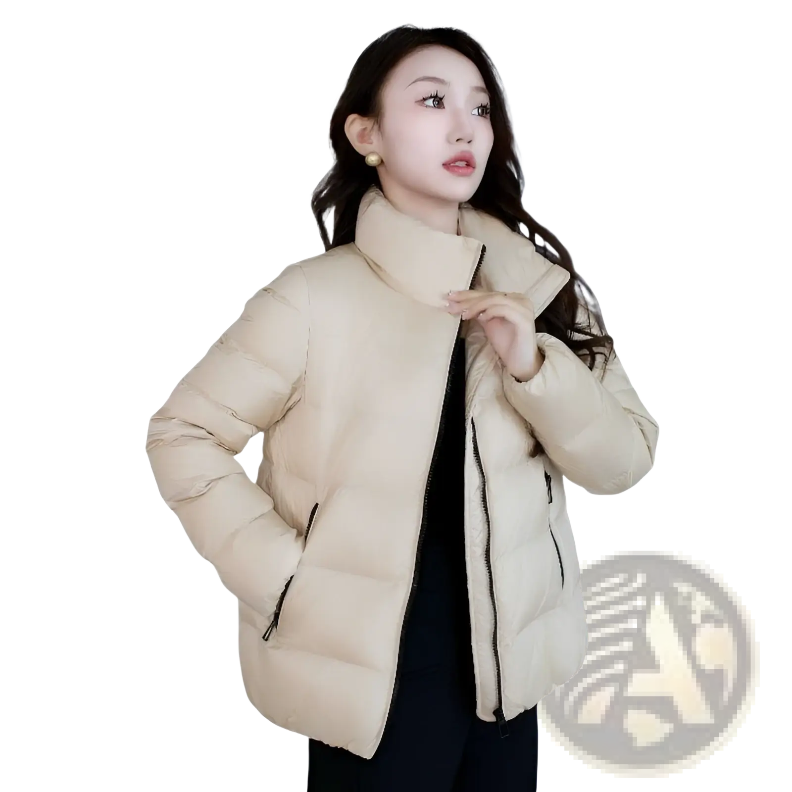 Beige cropped quilted down jacket for women with high collar and black zipper accents winter puffer style