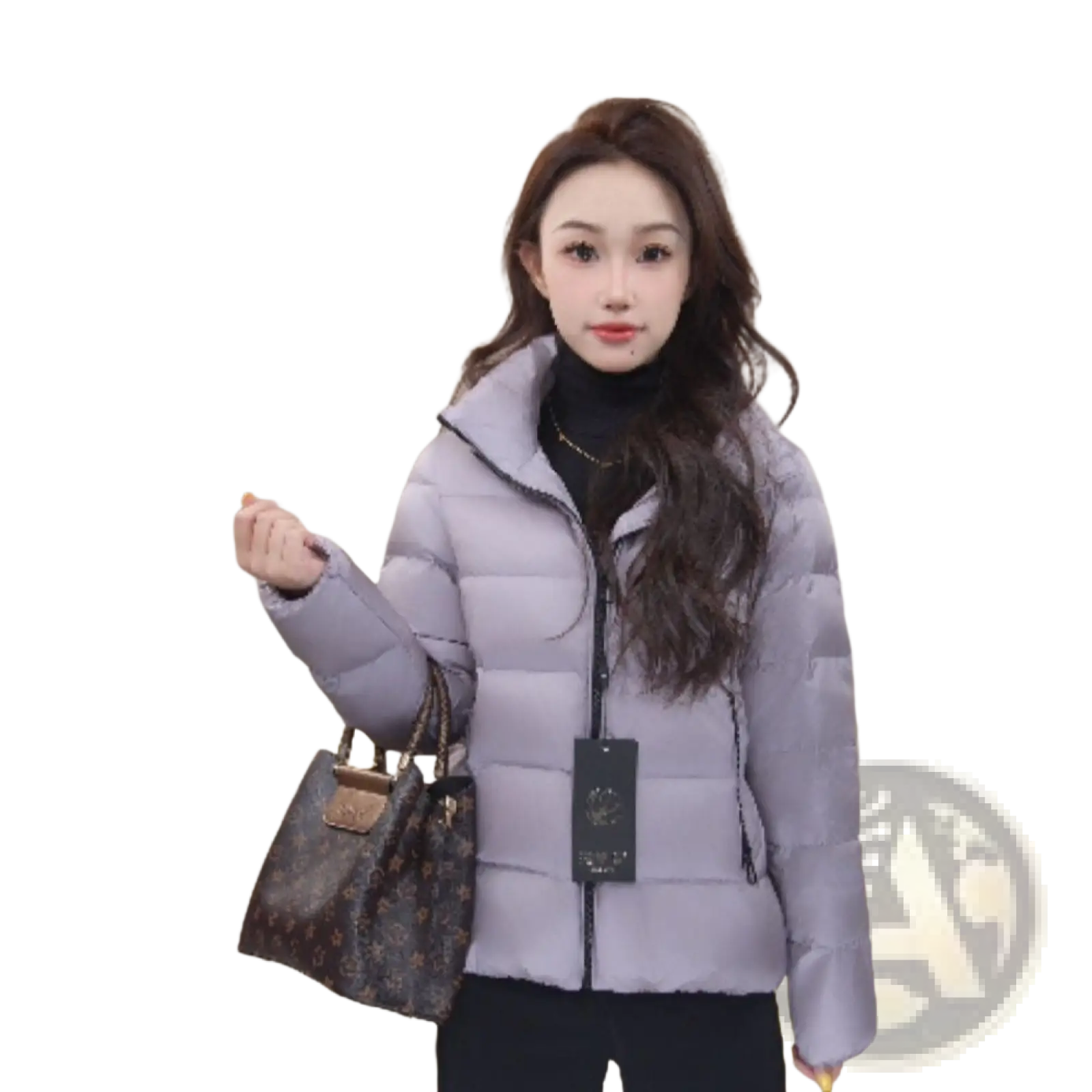 Light purple cropped quilted down puffer jacket for women with high collar and front zipper for winter wear