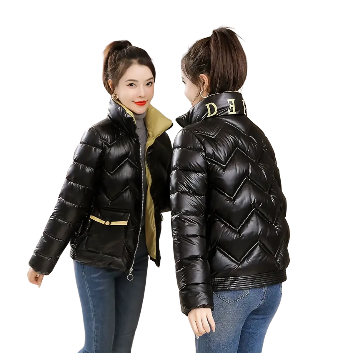 Black cropped quilted puffer jacket with shiny exterior, gold-trimmed collar and zipper, and olive green lining