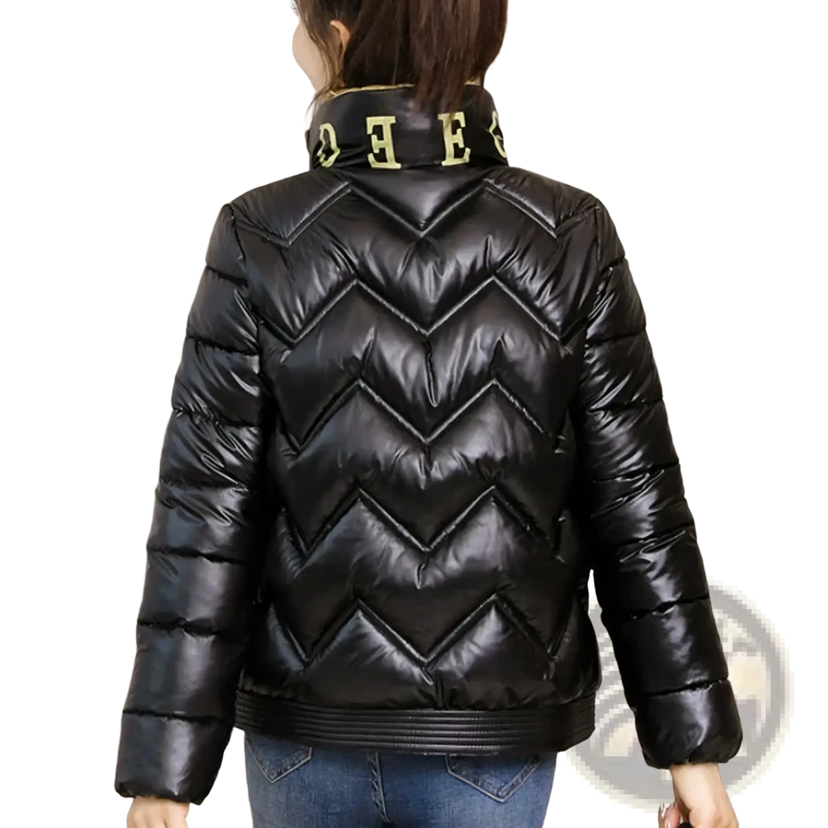 Black cropped quilted puffer jacket with glossy finish zigzag stitching and high collar with gold lettering detail