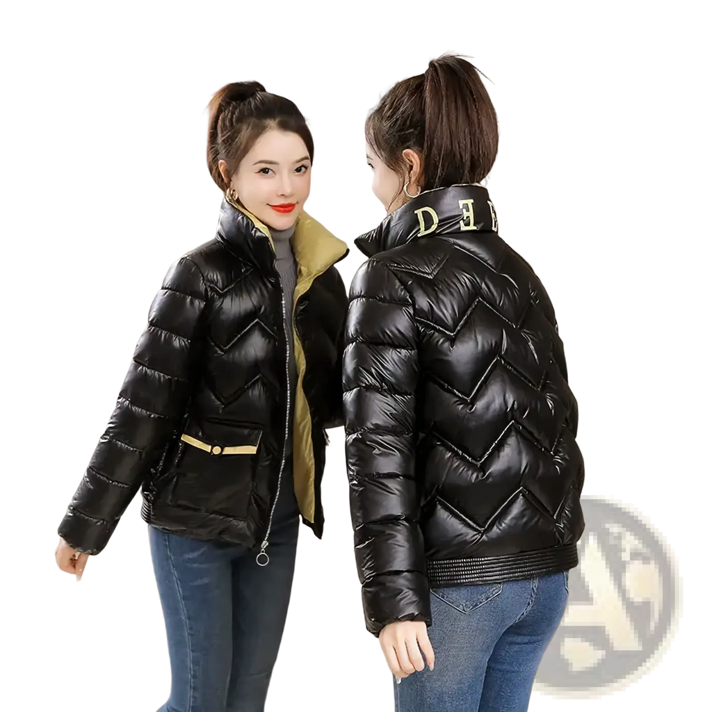 Black cropped quilted puffer jacket with shiny exterior, gold-trimmed collar and zipper, and olive green lining