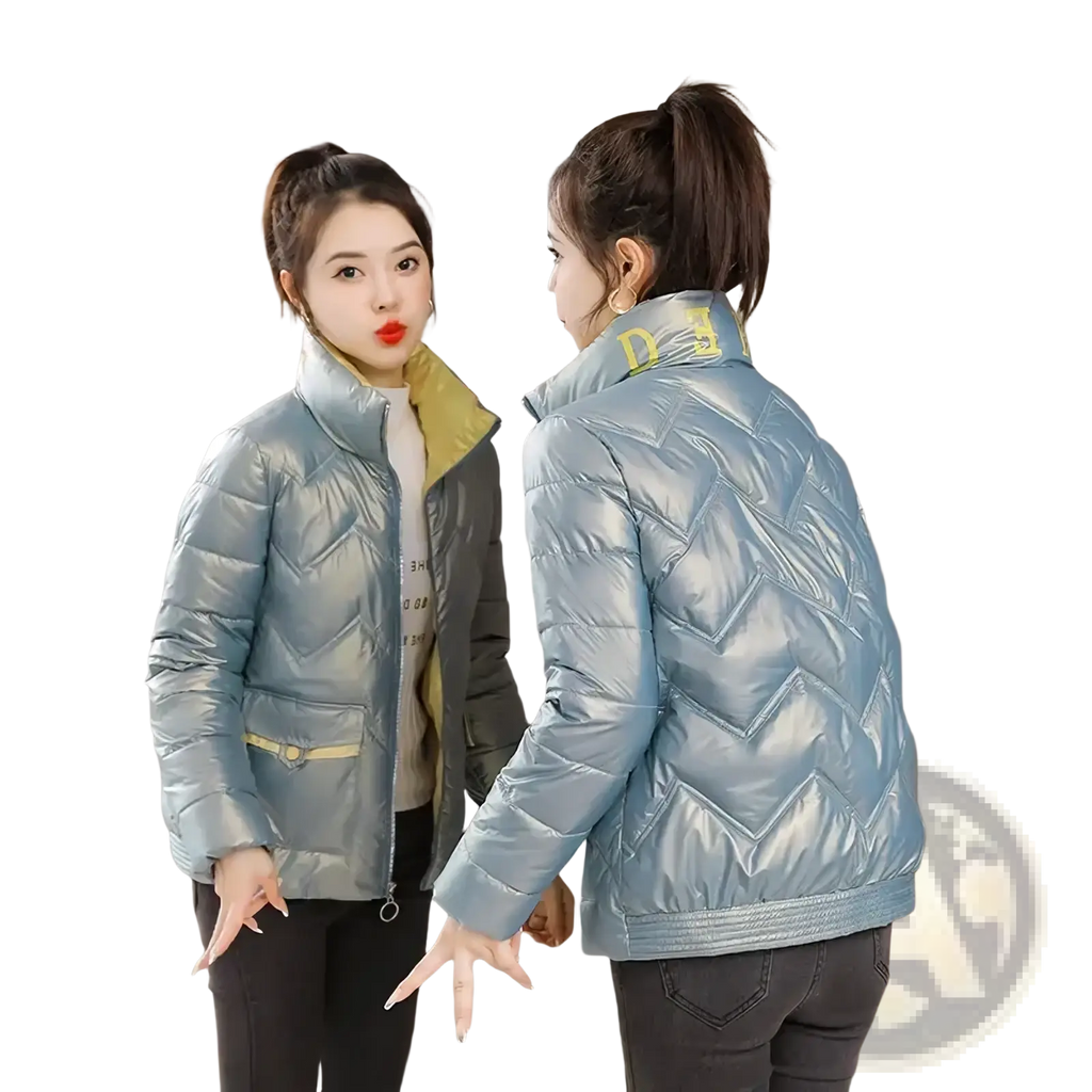 Light blue metallic cropped quilted puffer jacket with yellow inner lining and collar detail