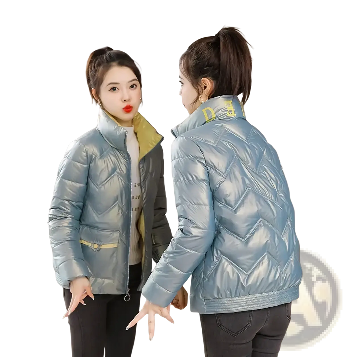 Light blue metallic cropped quilted puffer jacket with yellow inner lining and collar detail