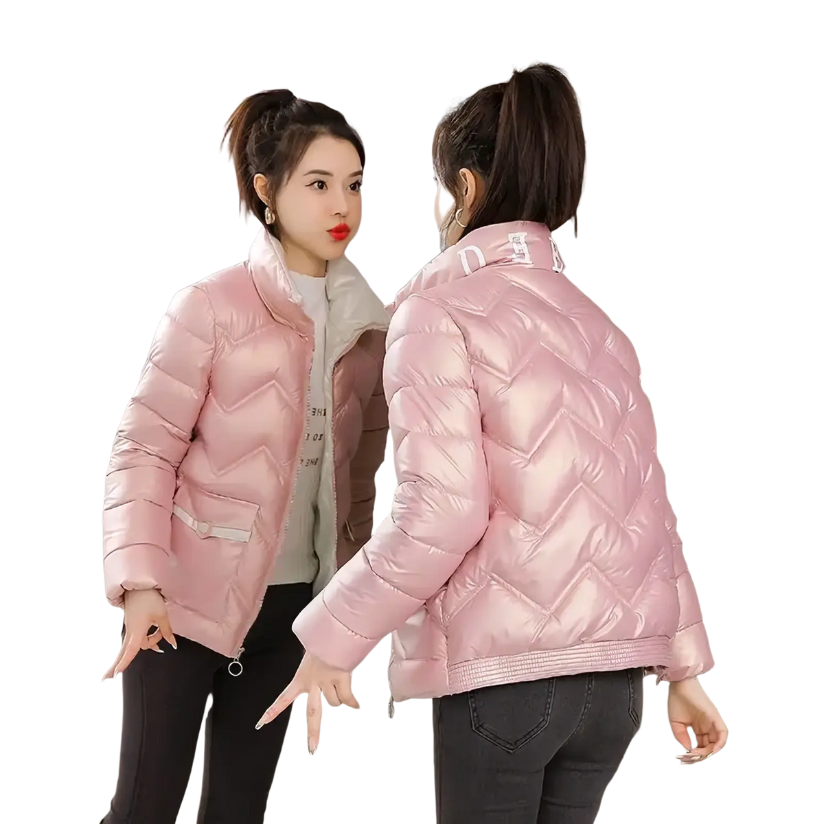 Pink cropped quilted puffer jacket with shiny satin finish and white collar trim for stylish cold weather wear