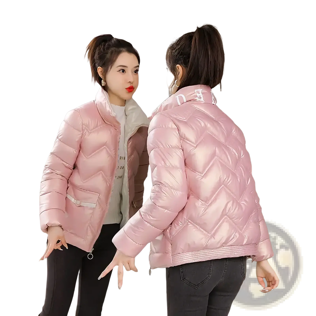 Cropped pink quilted puffer jacket with shiny glossy finish and white trim along the collar
