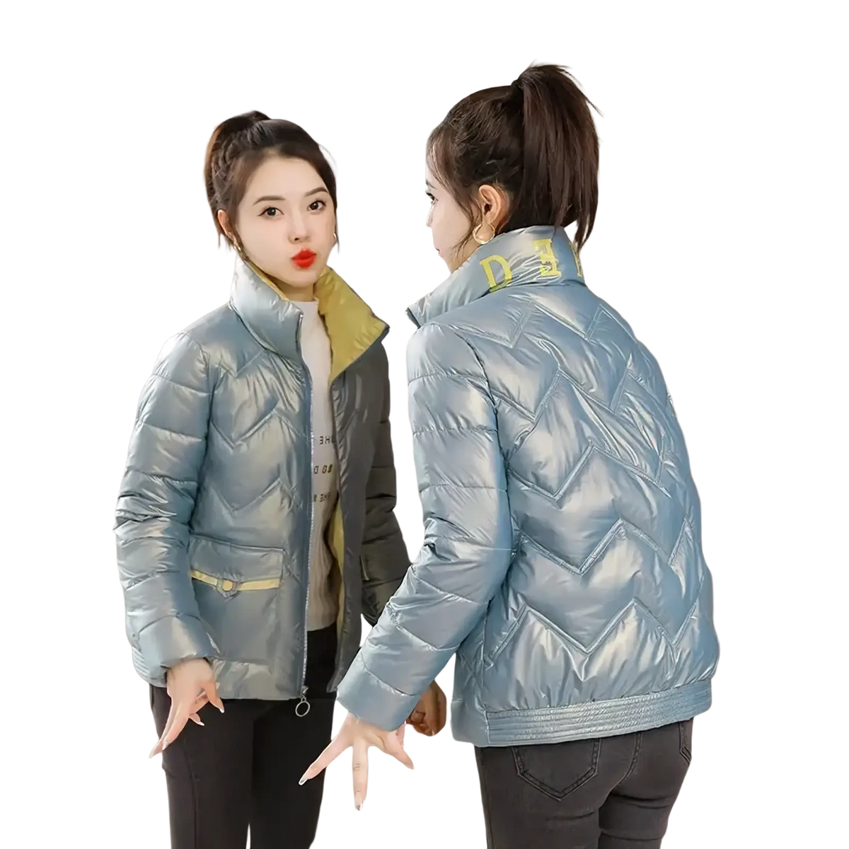 A shiny light blue cropped quilted puffer jacket with yellow inner lining and collar trim