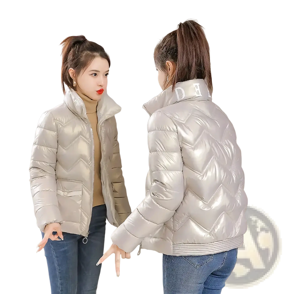 A shiny metallic silver cropped quilted puffer jacket with a chevron pattern and a high collar