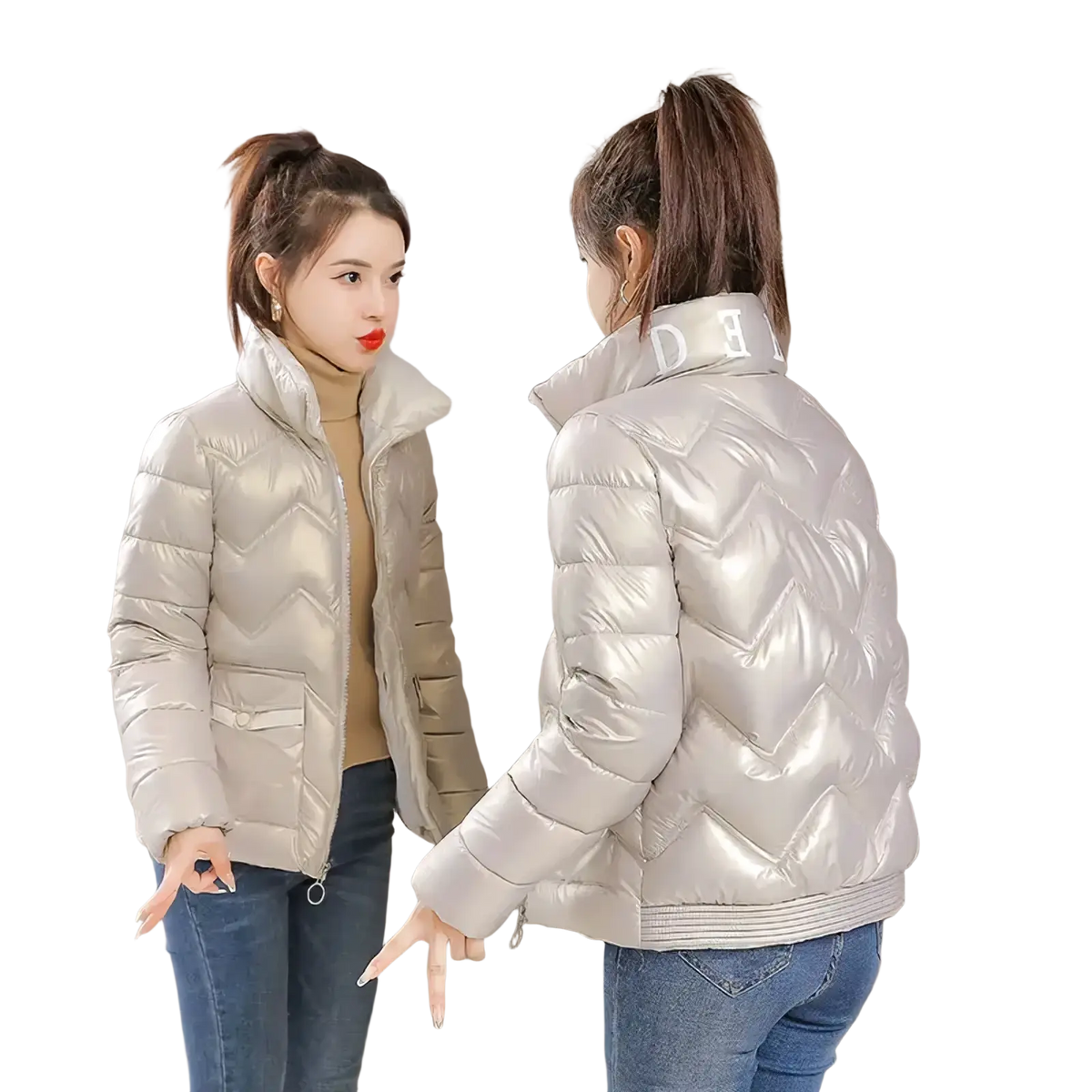 A shiny silver metallic cropped quilted puffer jacket with chevron pattern and high collar embroidered lettering