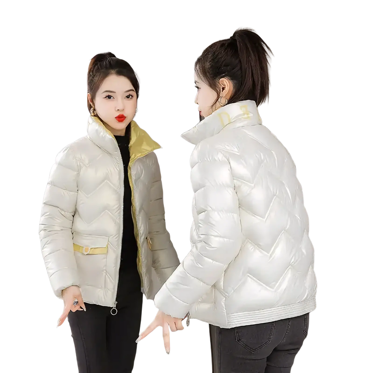 Cropped white quilted puffer jacket with glossy finish and contrasting yellow inner lining for cold weather wear