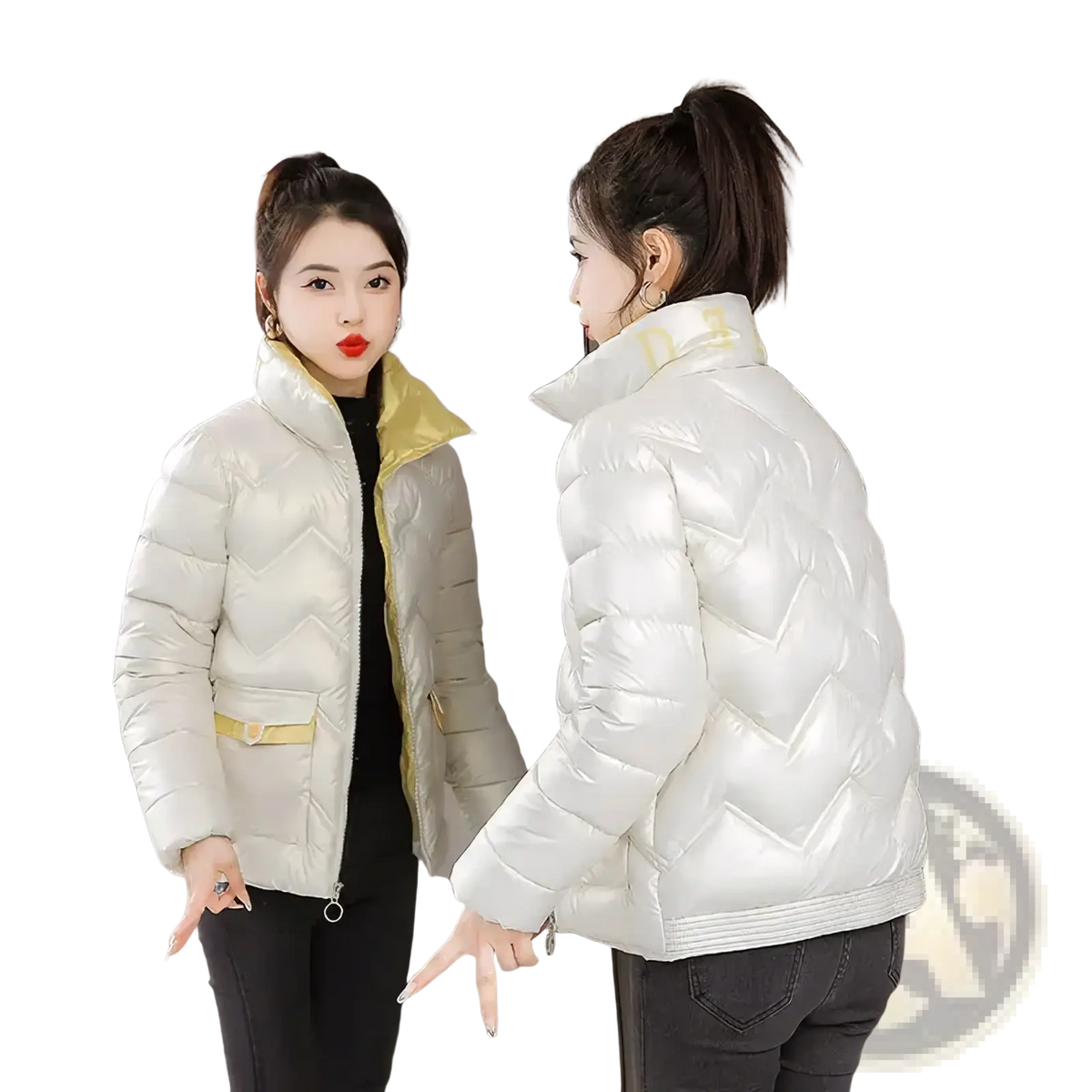 Cropped white quilted puffer jacket with glossy finish and contrasting yellow inner lining for cold weather wear