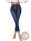 High-waisted dark blue slim fit cropped stretch jeans with button-front closure and rolled cuffs in denim material