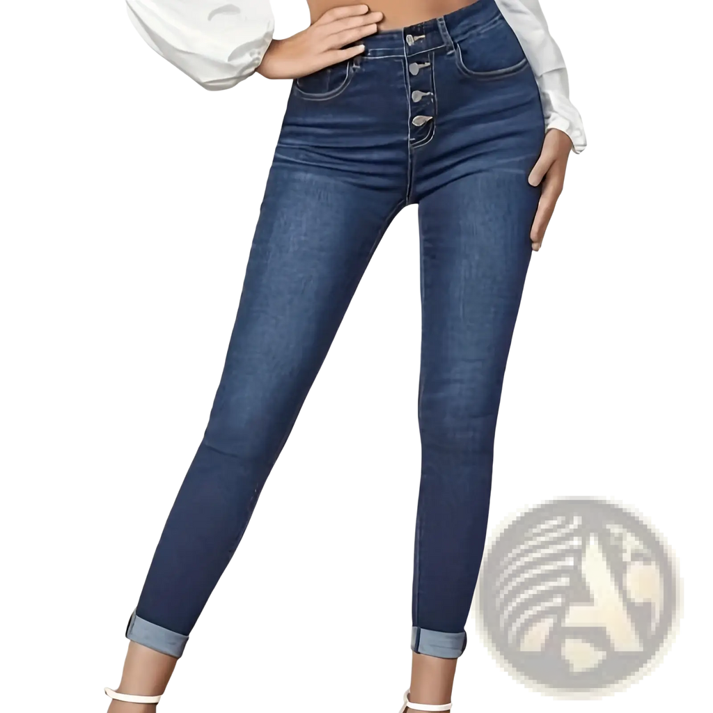 Dark blue high-waisted slim fit cropped stretch jeans with button fly and rolled cuffs in denim material
