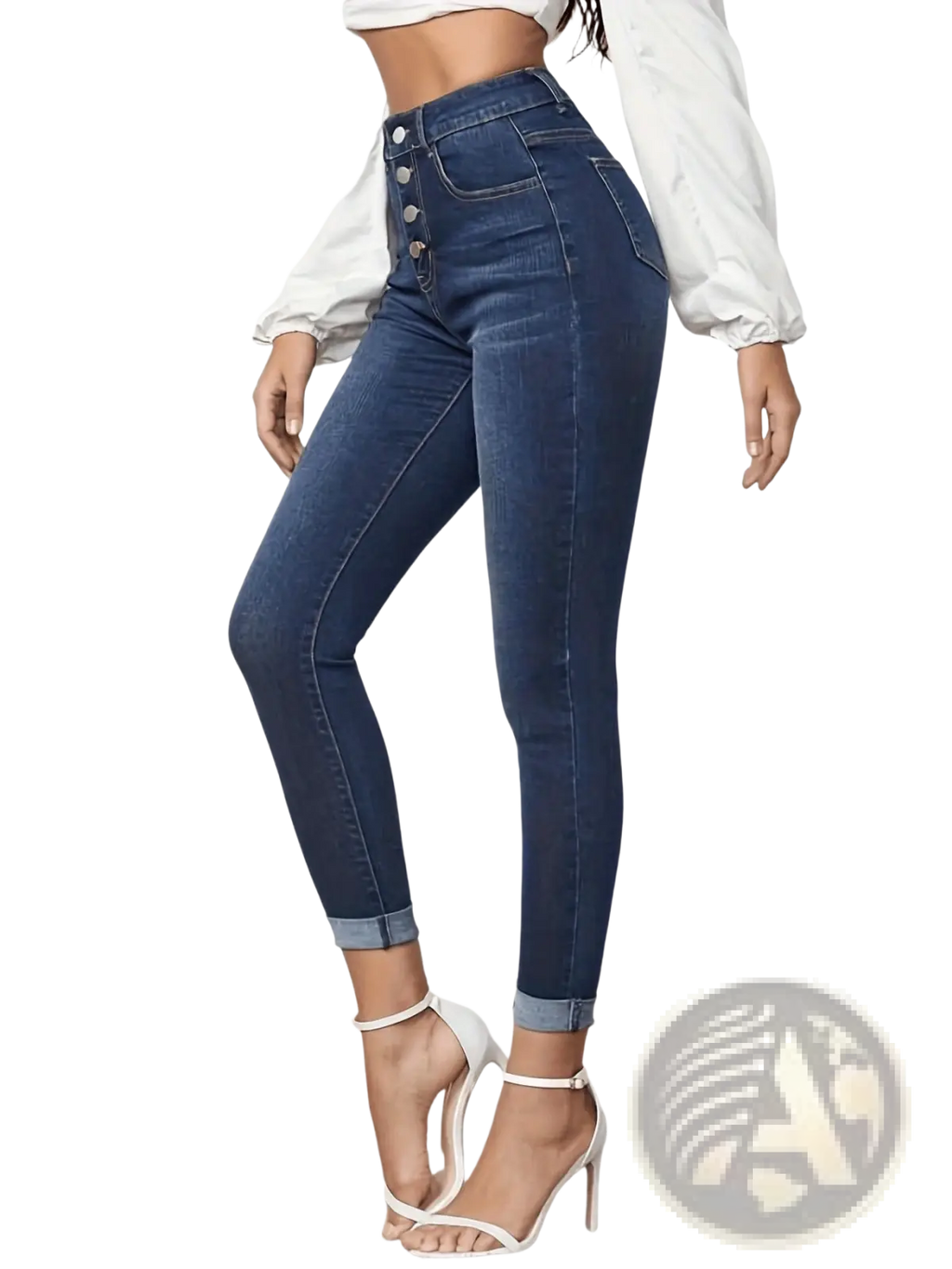 High-waisted cropped stretch jeans in dark blue denim with button fly and cuffed ankles for slim fit look