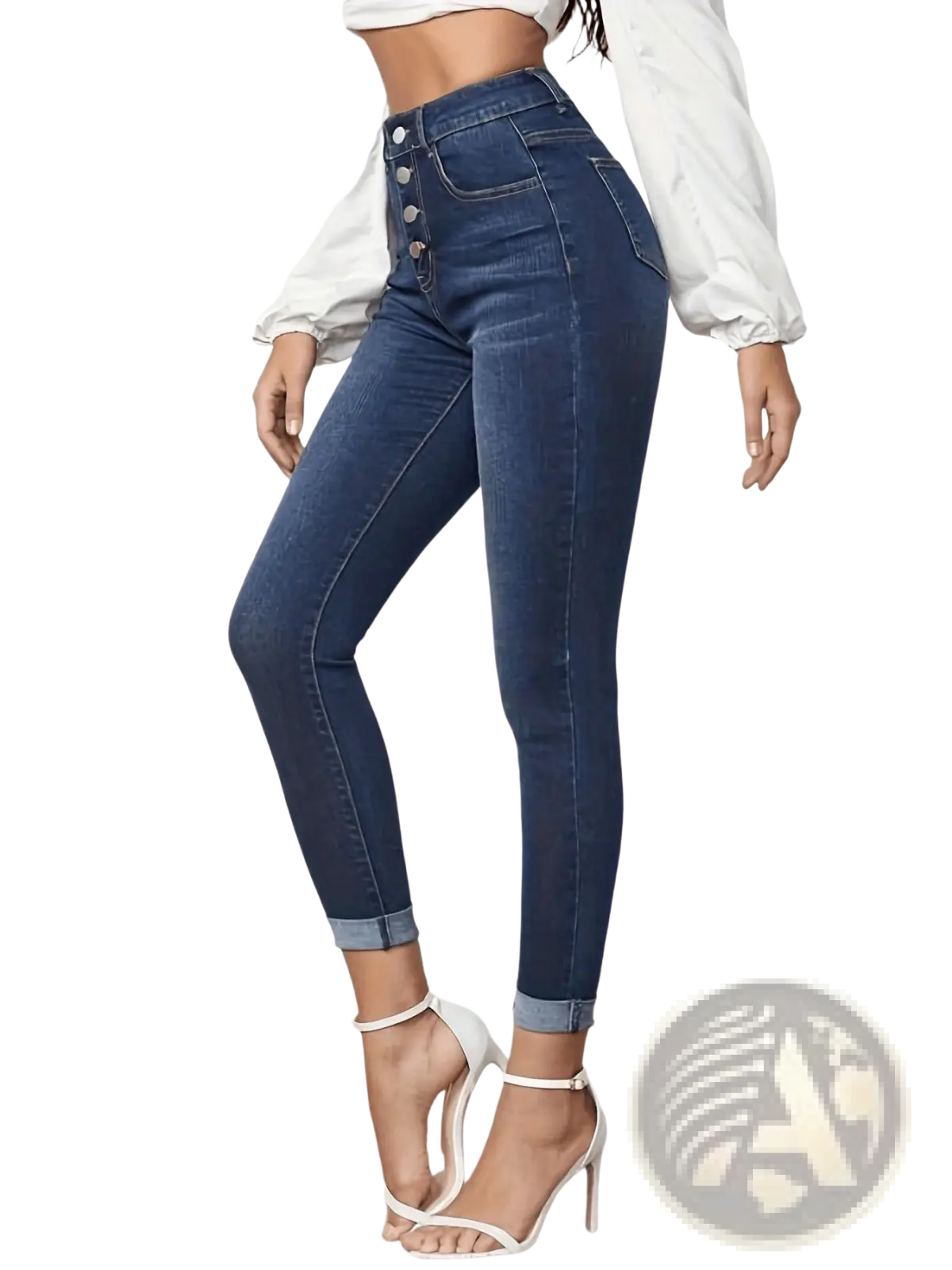 High-waisted cropped stretch jeans in dark blue denim with button fly and cuffed ankles for slim fit look