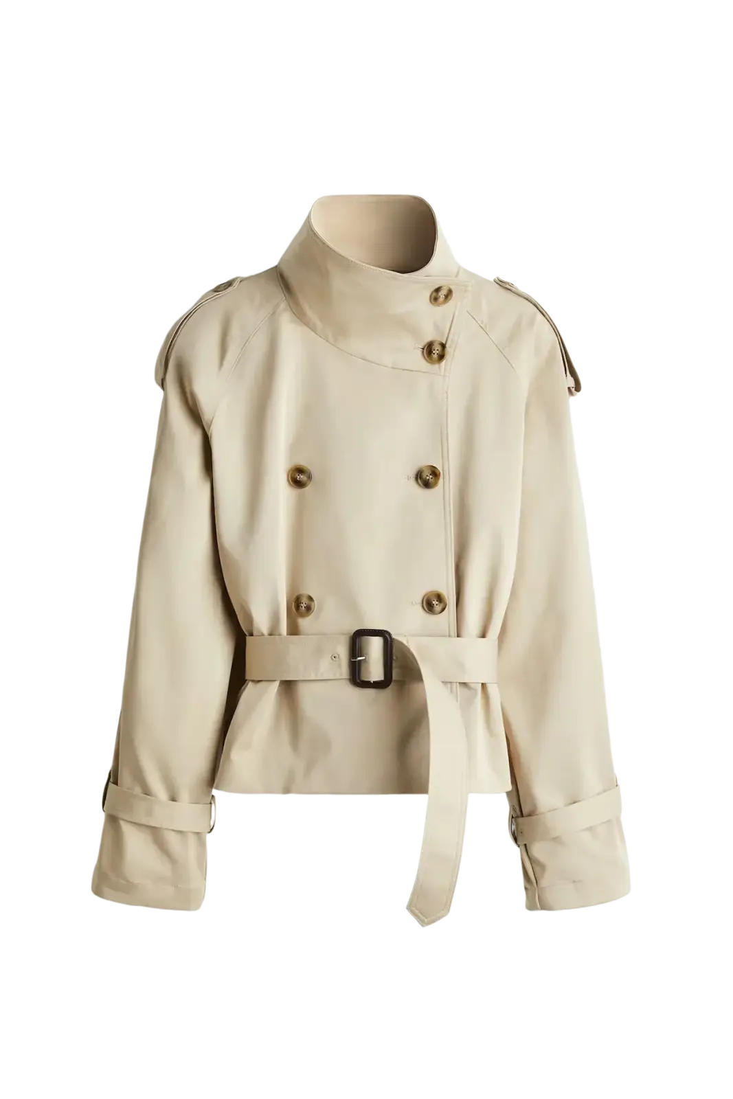 Beige cropped trench coat with high collar double-breasted front and belted waist outerwear for stylish layering