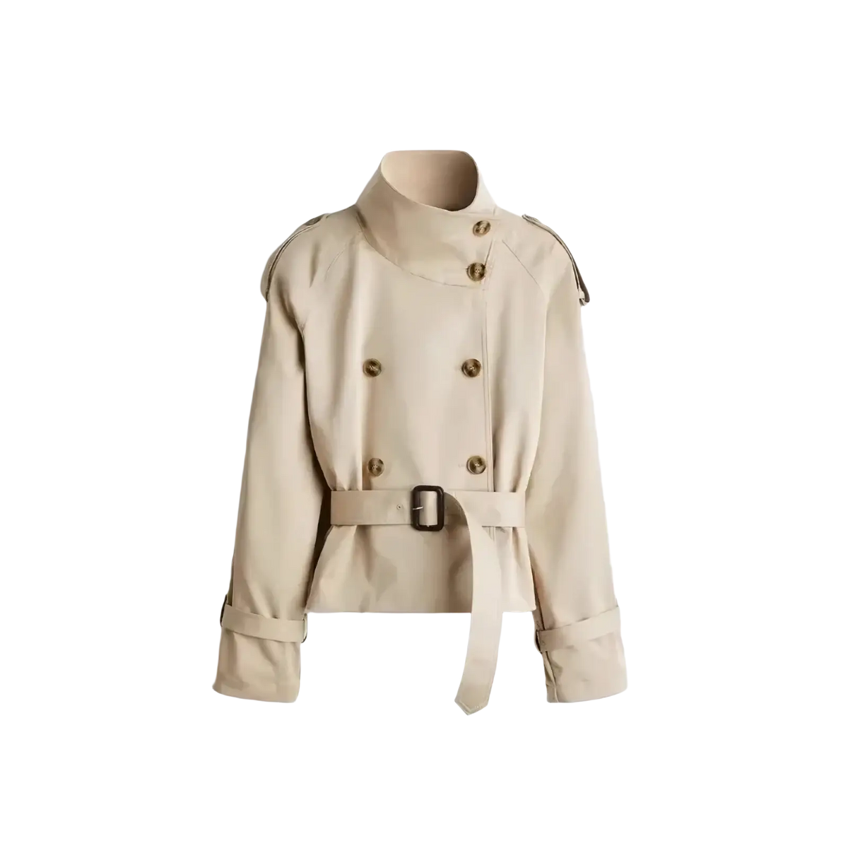 Beige cropped trench coat with a high collar double-breasted gold-toned buttons and belted waist with black buckle