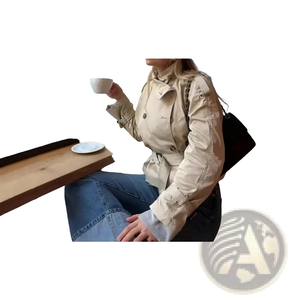 Beige cropped trench coat with belted waist and buttoned front designed for stylish outerwear wear