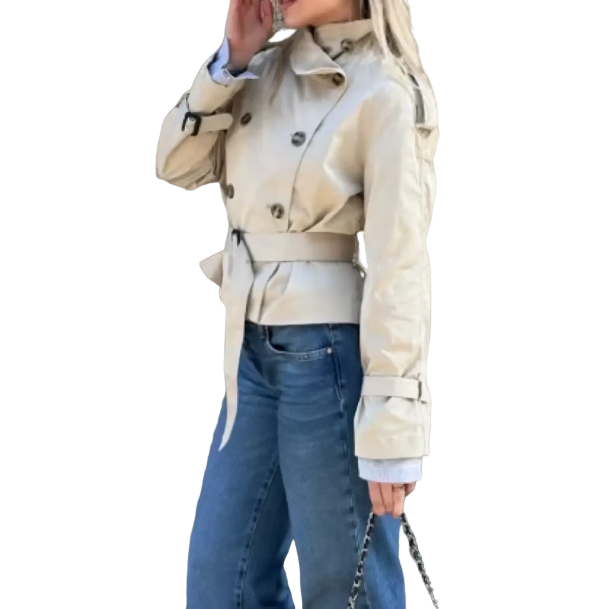 Beige cropped trench coat with double-breasted buttons and belted waist for stylish outerwear layering