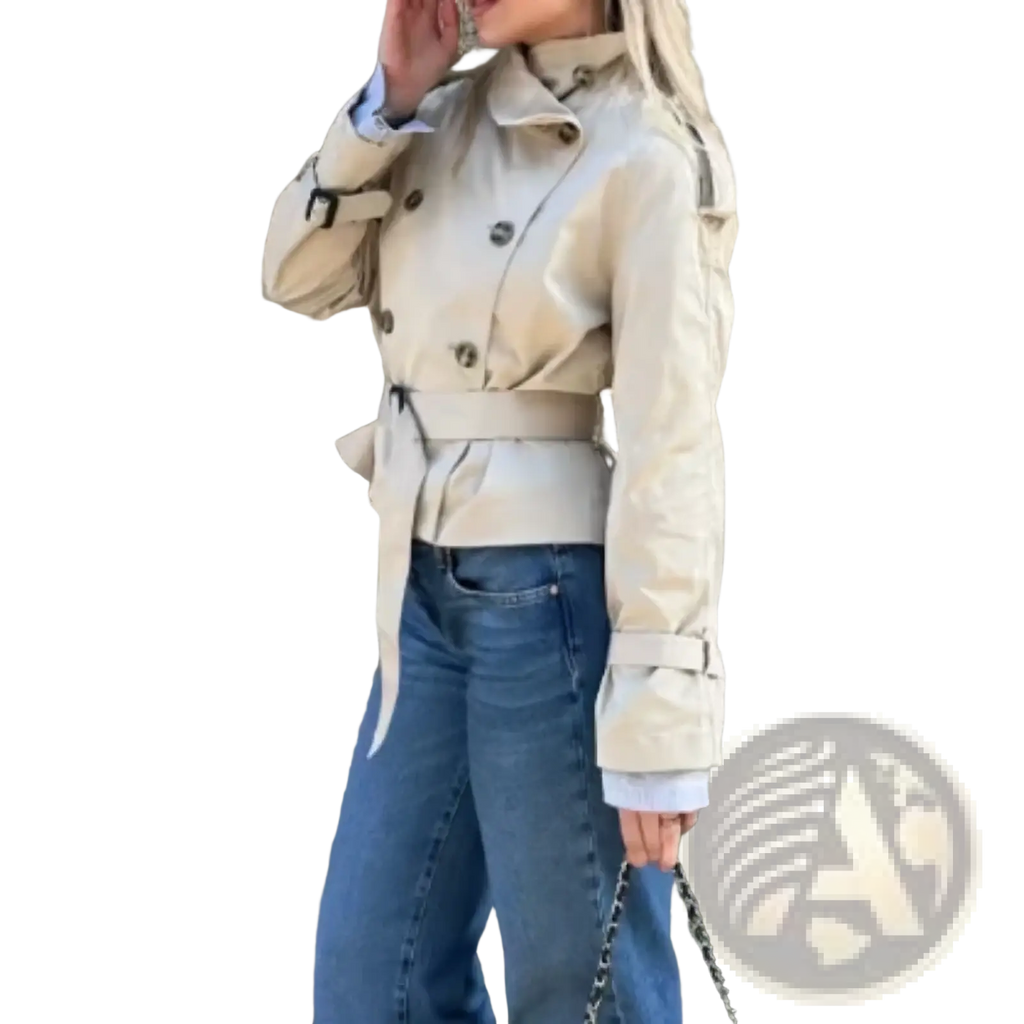 Beige cropped trench coat with double-breasted buttons and belted waist for stylish outerwear layering