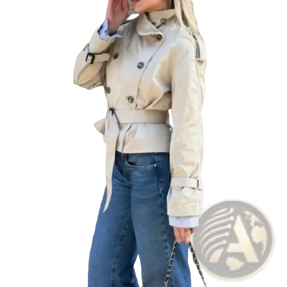 Beige cropped trench coat with double-breasted buttons and belted waist for stylish outerwear layering