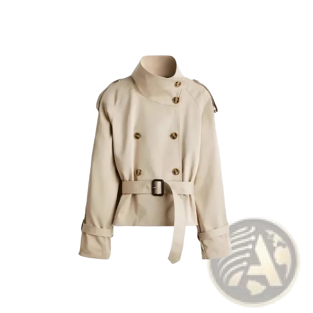 Beige cropped trench coat with a high collar double-breasted gold-toned buttons and belted waist with black buckle