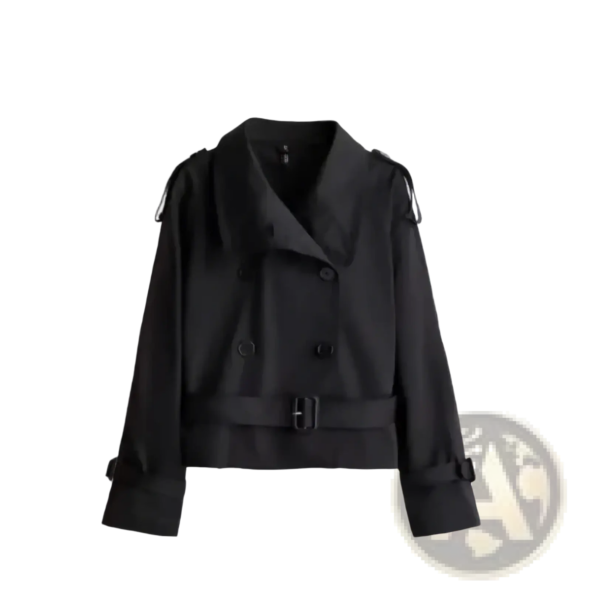 Black double-breasted cropped trench coat with belted waist and adjustable sleeve cuffs outerwear