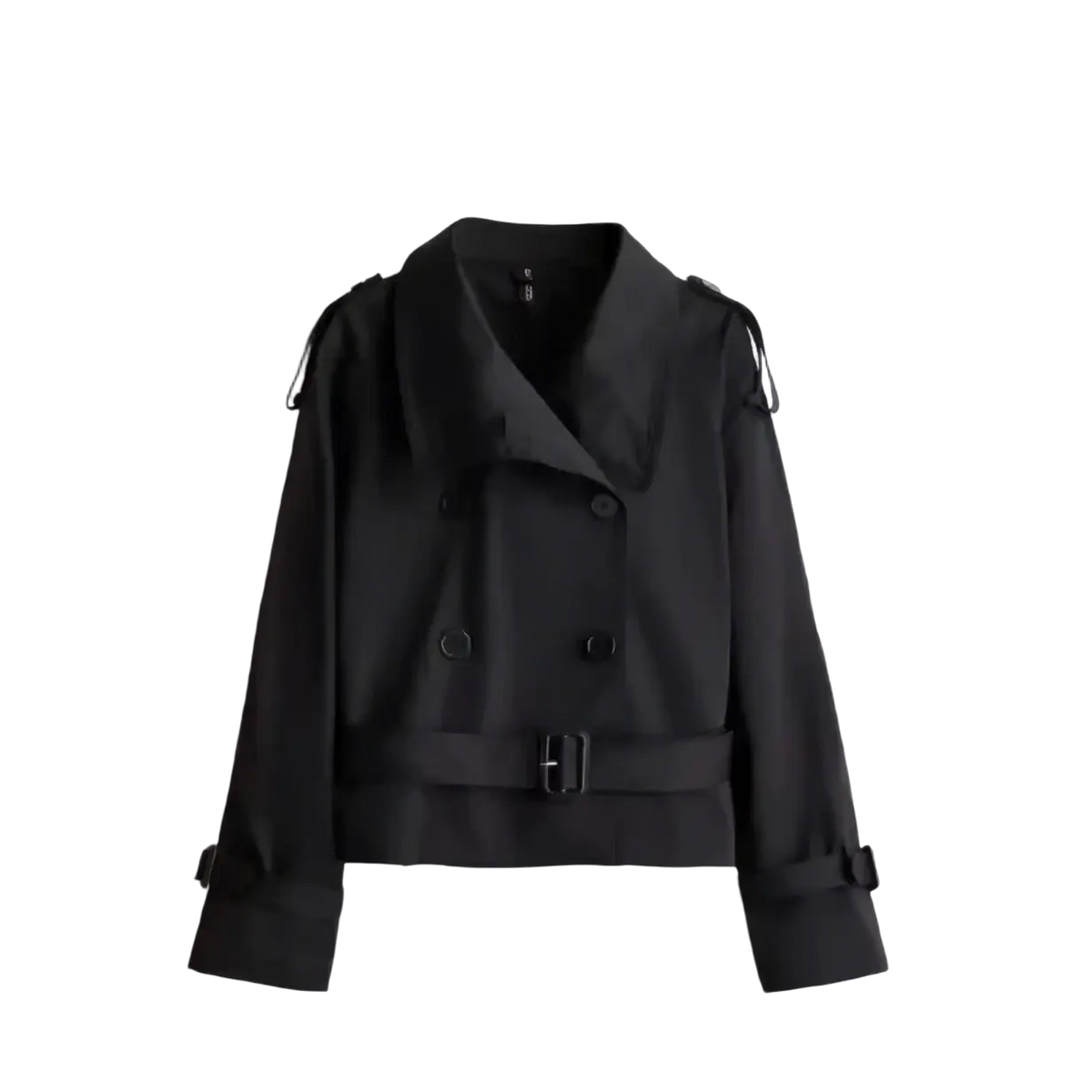 Black double-breasted cropped trench coat with belted waist and adjustable shoulder straps for stylish outerwear