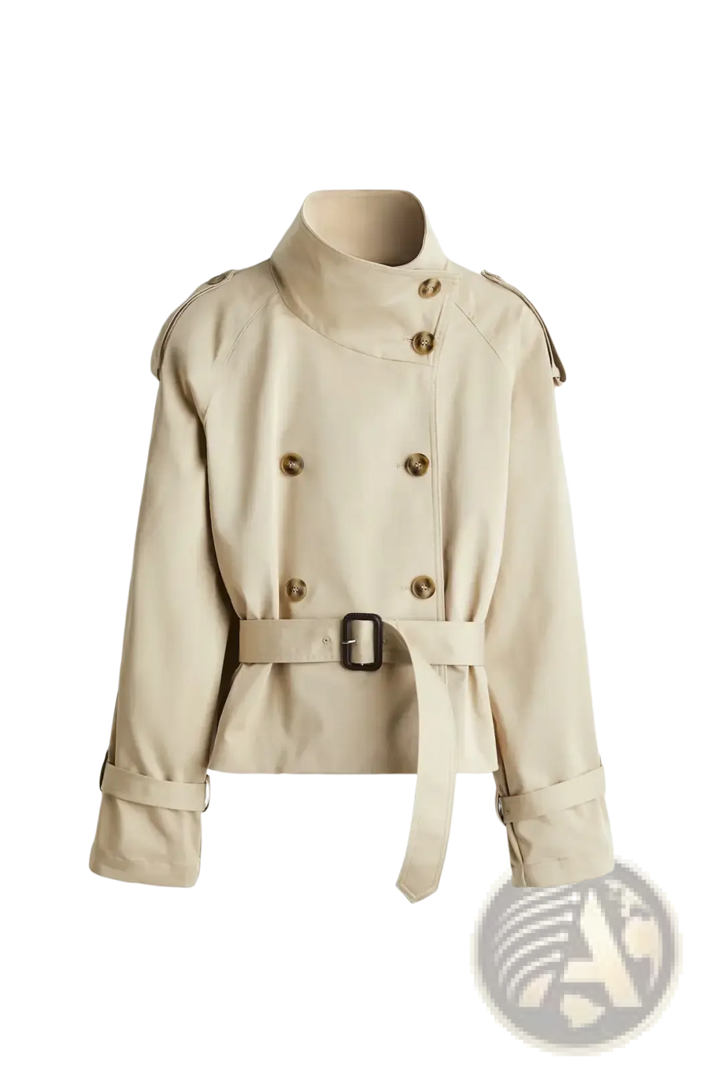 Beige cropped trench coat with high collar double-breasted front and belted waist outerwear for stylish layering