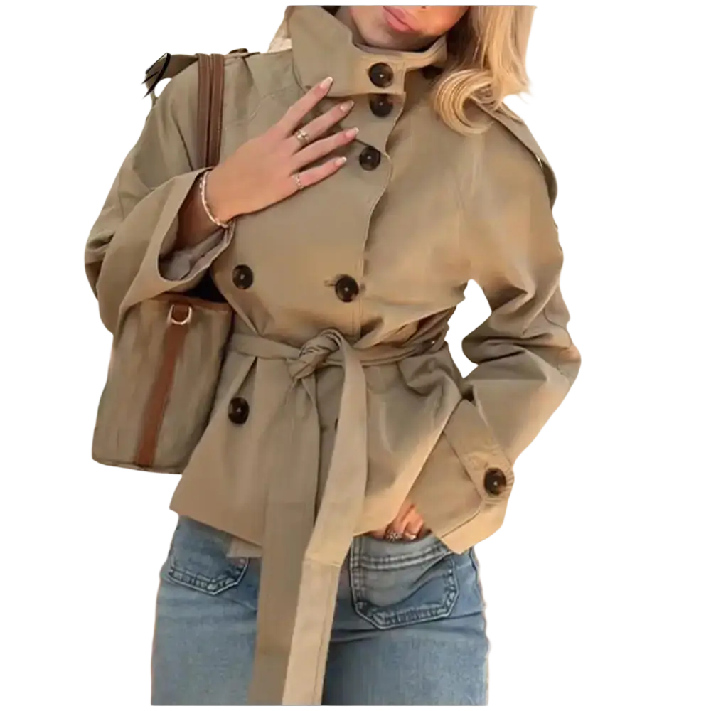 Beige cropped trench coat british style women short jacket with black buttons and matching belt in classic design