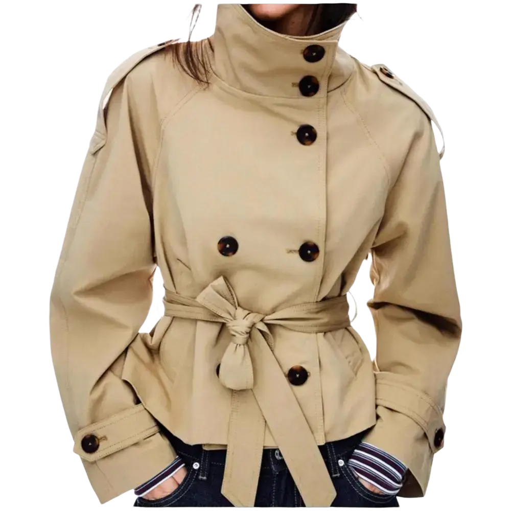 Beige cropped trench coat with dark brown buttons and self-tie belt in British style for women short jacket