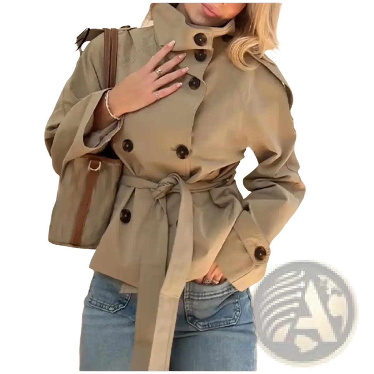 Beige cropped trench coat british style women short jacket with black buttons and matching belt in classic design