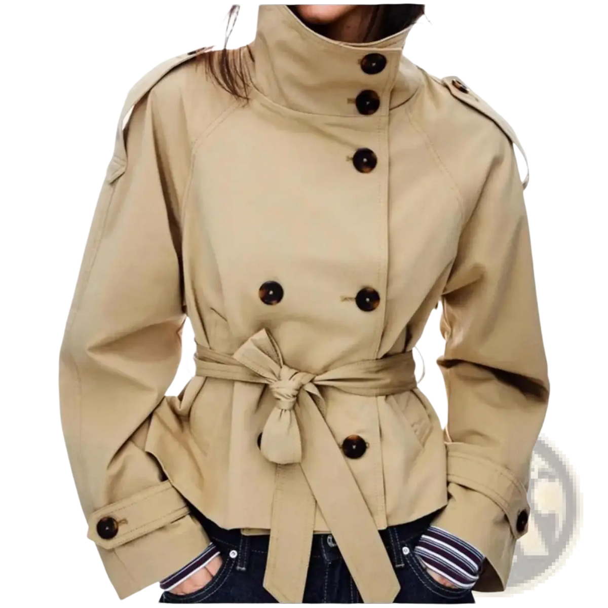 Beige cropped trench coat with dark brown buttons and self-tie belt in British style for women short jacket