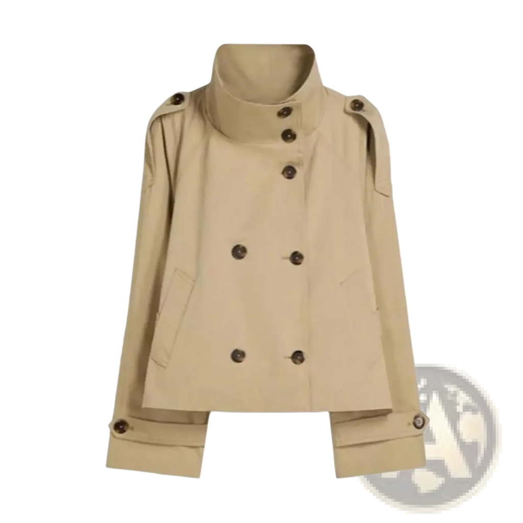 Beige cropped double-breasted trench coat with dark brown buttons and shoulder epaulets in british style for women