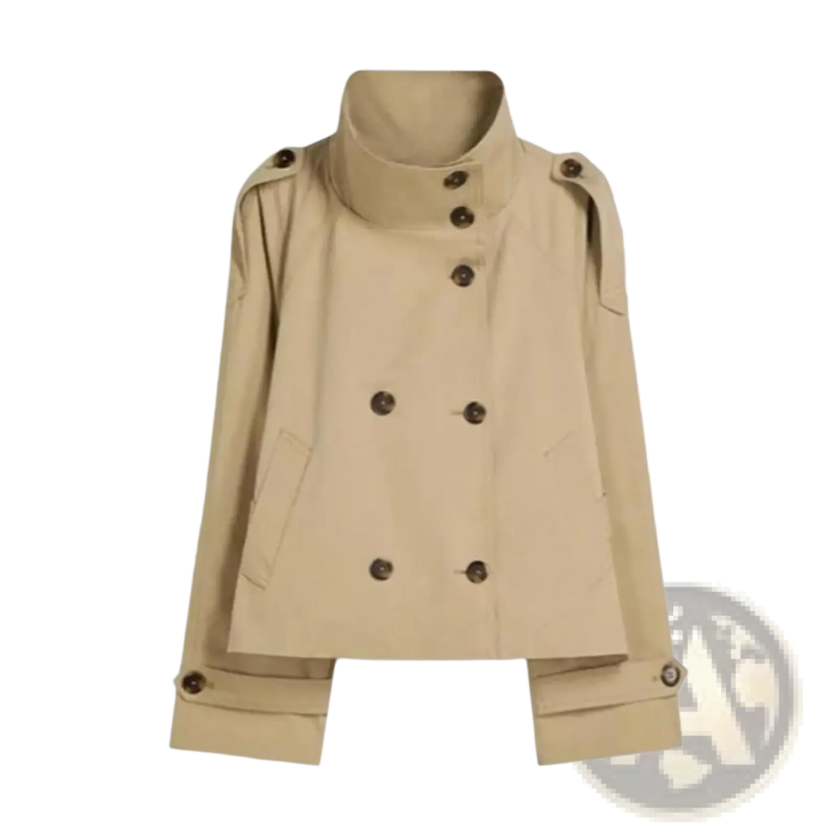 Beige cropped double-breasted trench coat with dark brown buttons and shoulder epaulets in british style for women