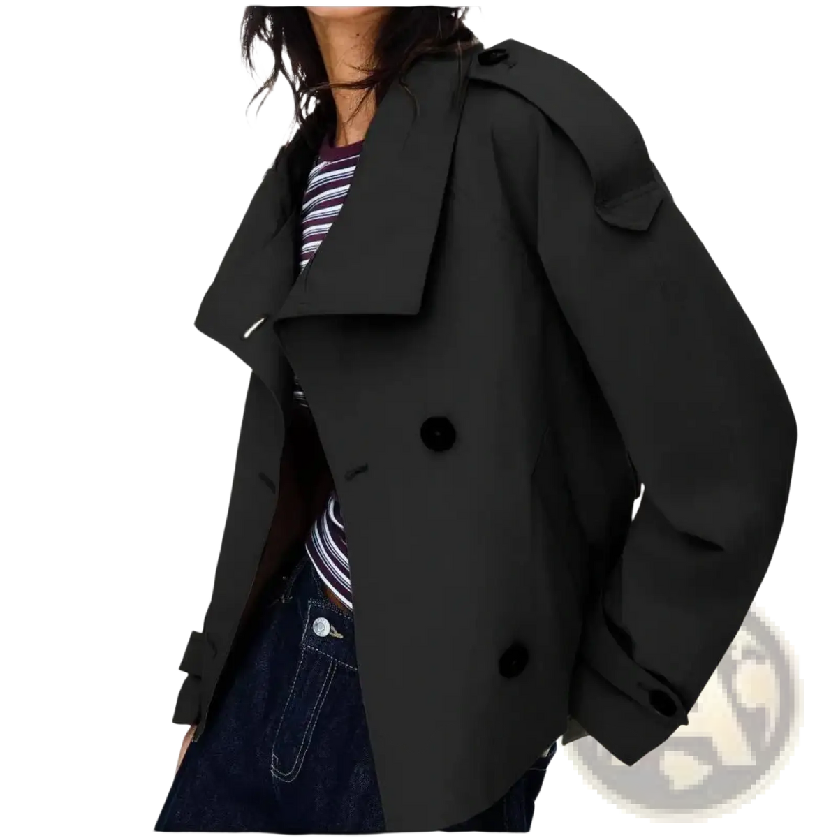 Black double-breasted cropped trench coat with wide collar and epaulets in British style for women short jacket