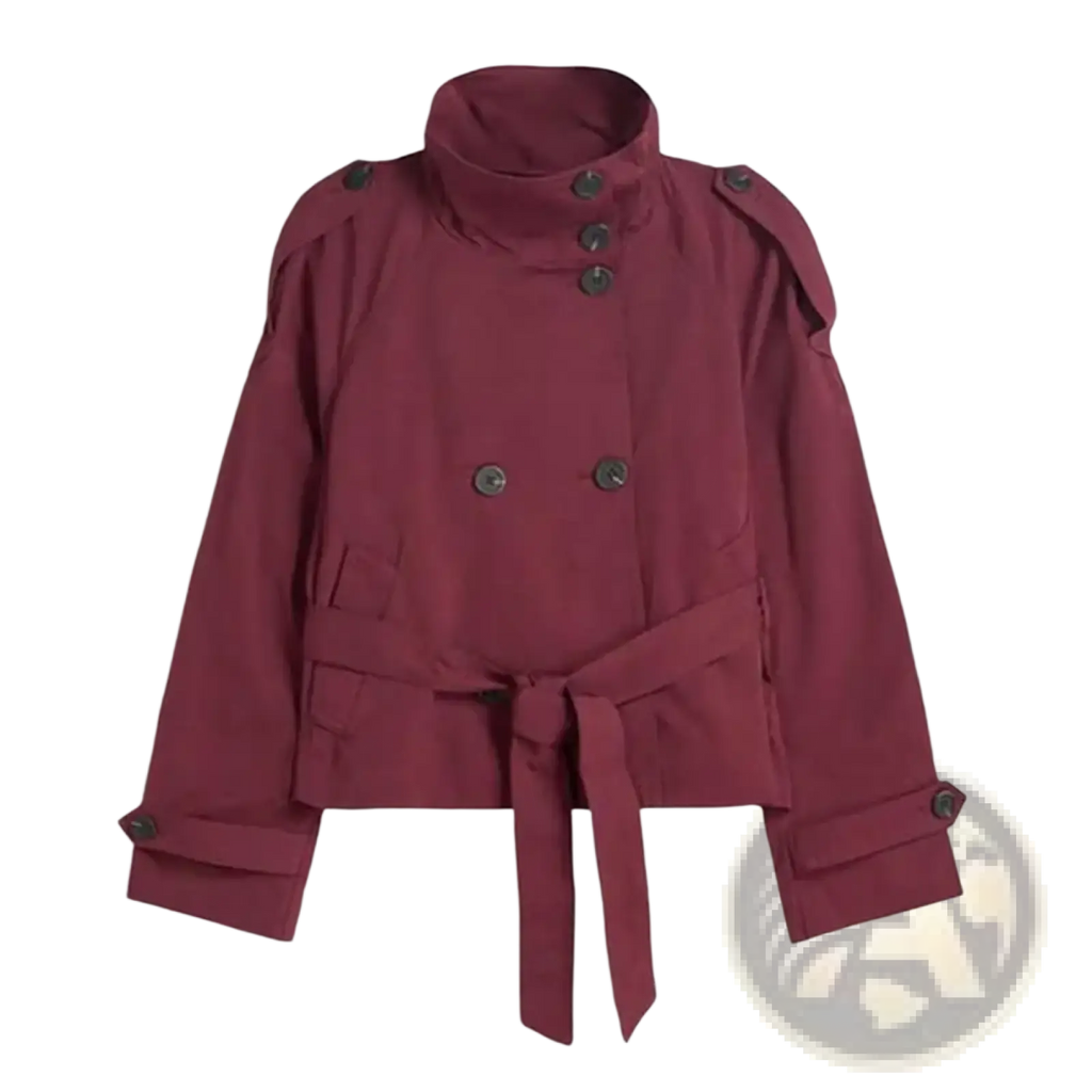 A maroon cropped double-breasted trench coat with high collar dark buttons and matching belt for women