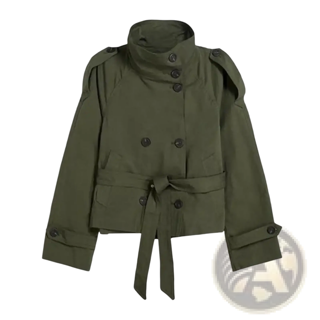 Olive green double-breasted cropped trench coat with high collar black buttons and matching belt for women british style