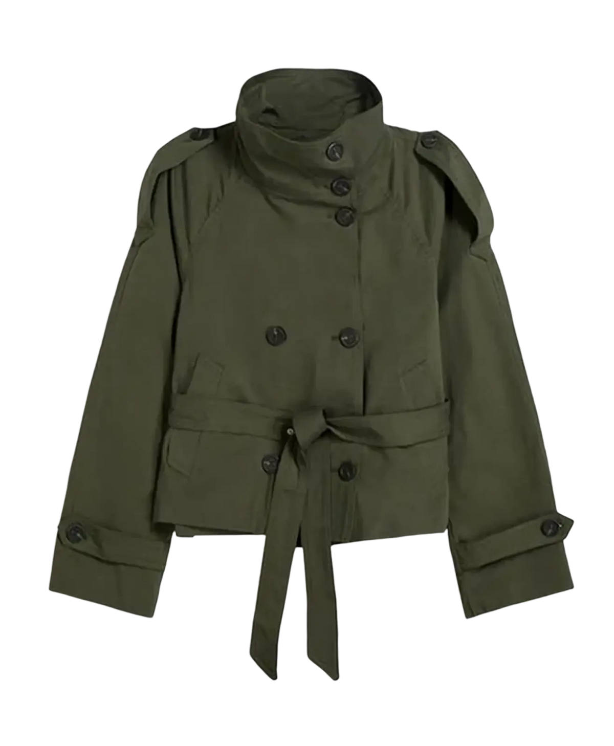 Olive green double-breasted cropped trench coat with black buttons and waist belt british style women’s short jacket