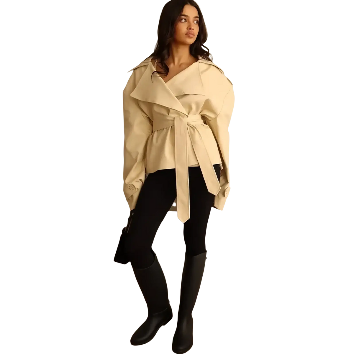 Beige cropped trench coat women lapel windbreaker with belted waist and wide flowing sleeves in lightweight fabric